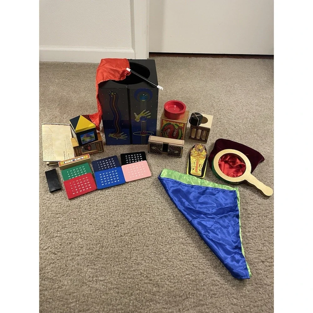 Vintage Style Wooden Magic Trick Set with Production Box Wand and Illusions